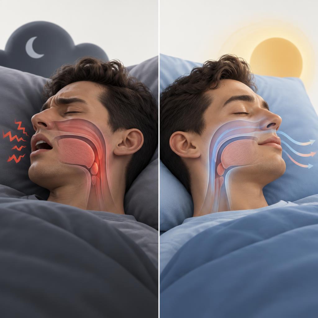Ilustração 3D de antes e depois: pessoa dormindo mal com desconforto e pessoa dormindo bem respirando tranquilamente