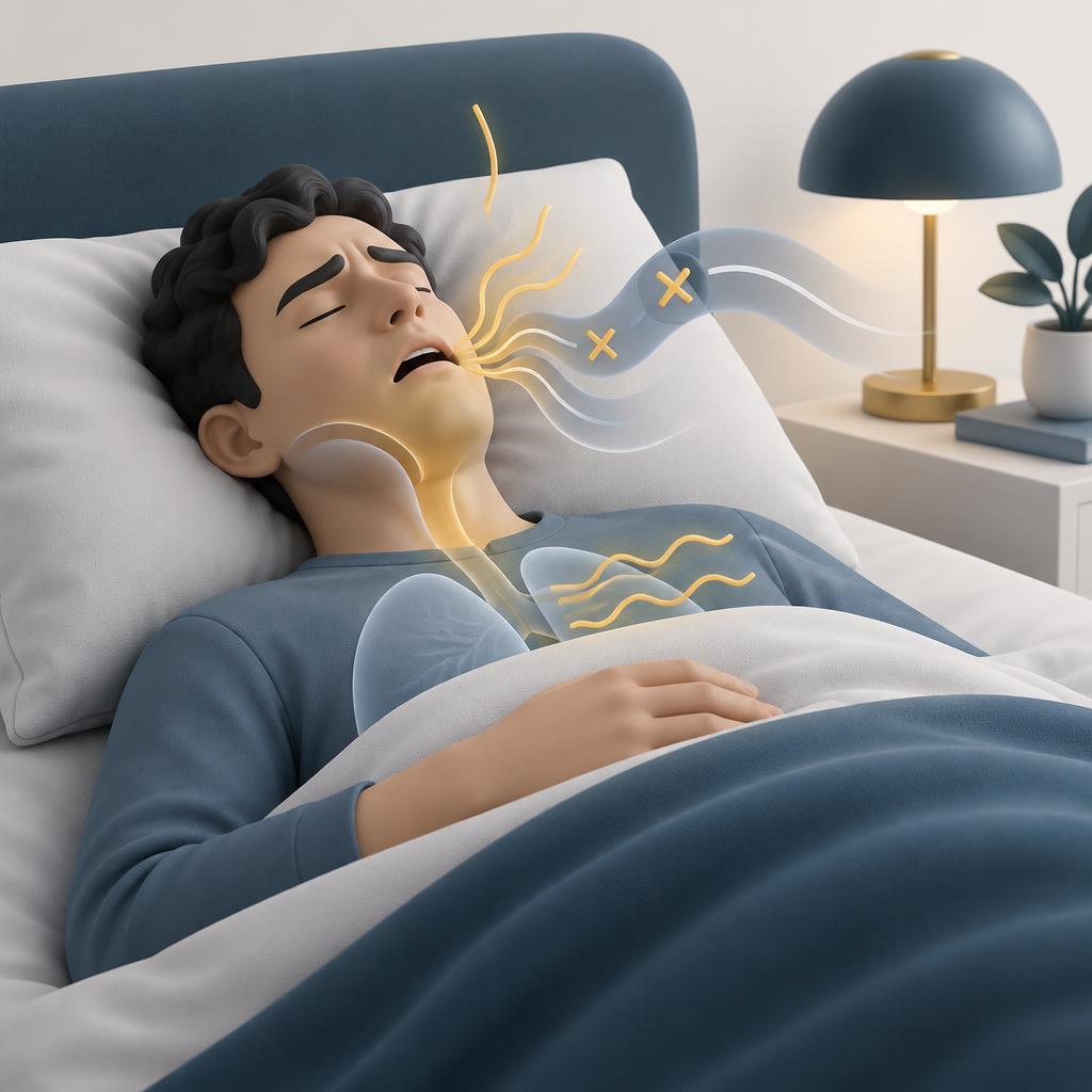 Ilustração de uma pessoa dormindo mal com dificuldade respiratória